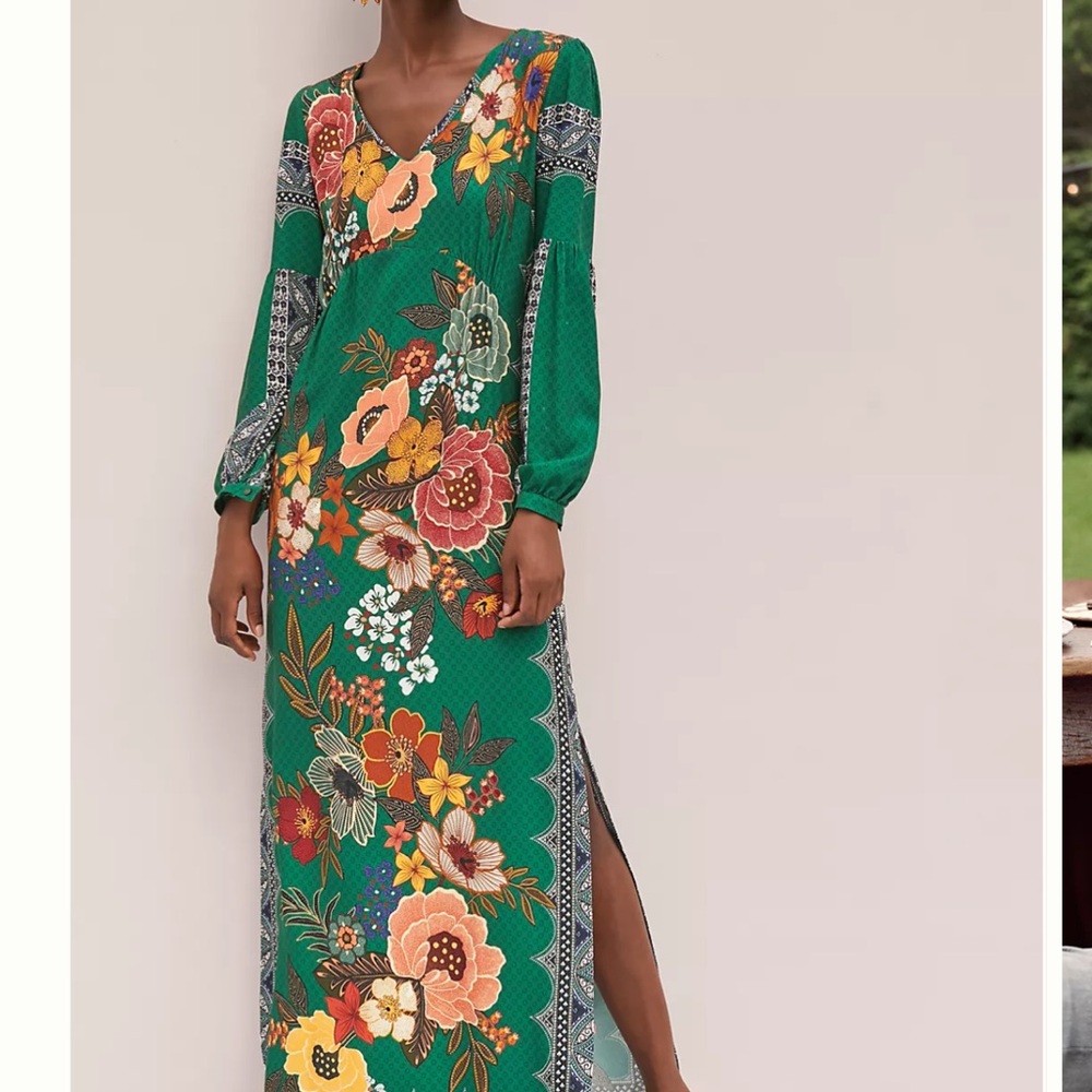 Anthropologie Green Floral Long Sleeve Dress - Picture 2 of 10
